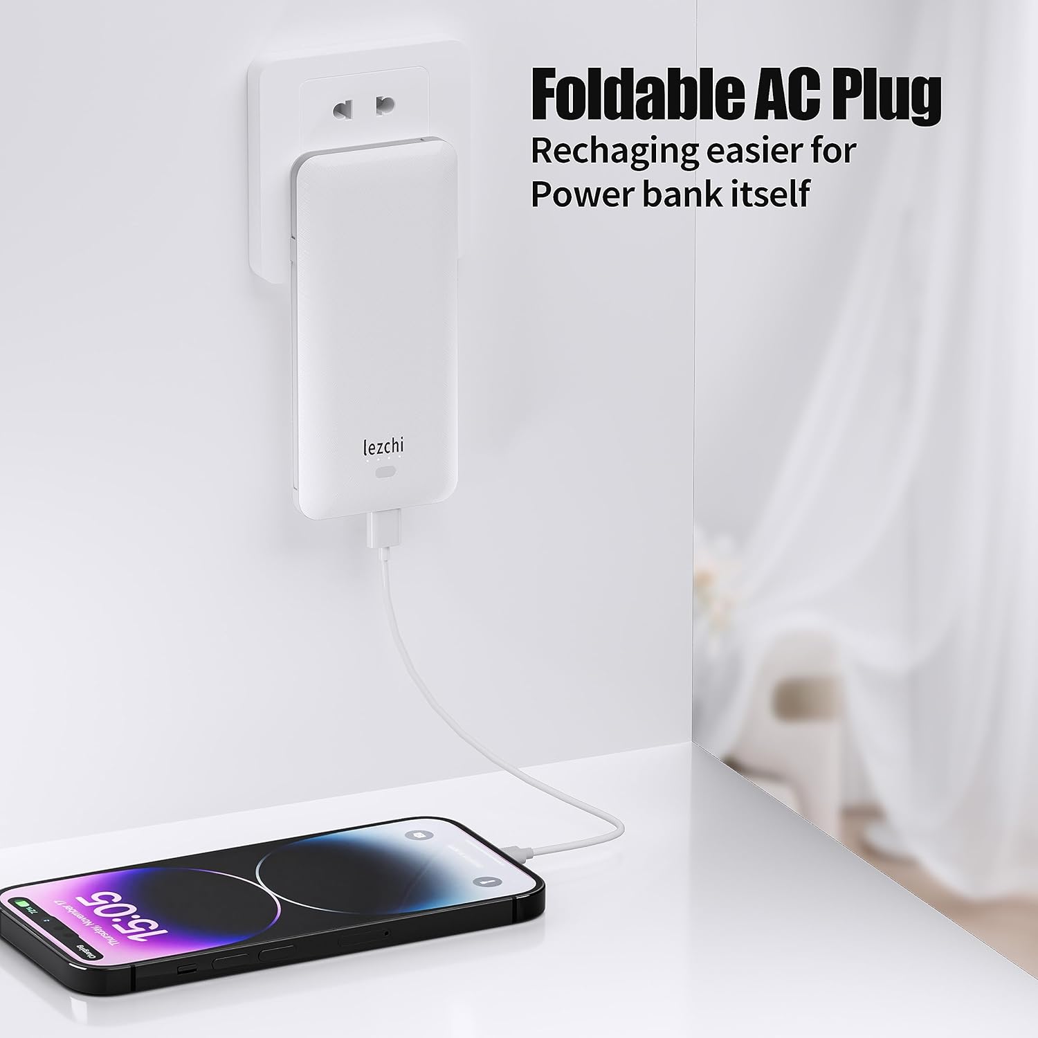 Portable Power Bank, Ultra Slim 10000mAh Portable Charger, USB C External Battery Pack with Built-in AC Plug, Charging Cable, Output Port, Compatible with All Kinds of Cellphones … - Image 4